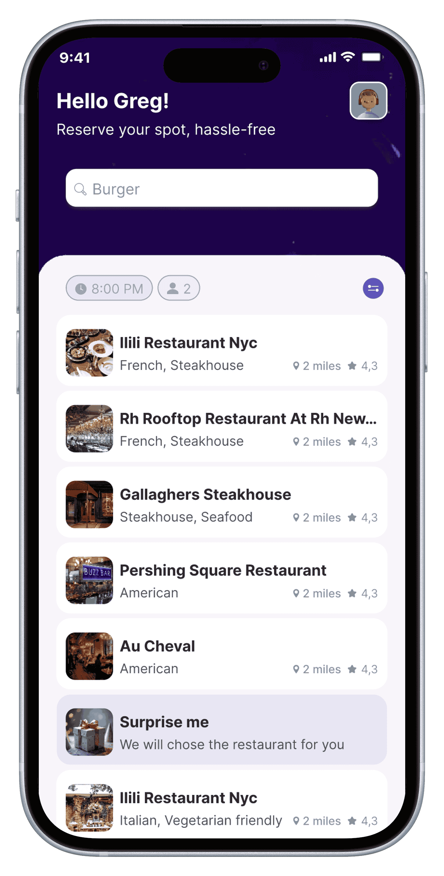 Venuto Mobile App Home Screen - Restaurant Booking Interface